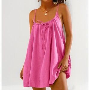 Fisoew Babydoll Dress‎ Womens XL Bubblegum Pink Gathered Detail Tie Strap